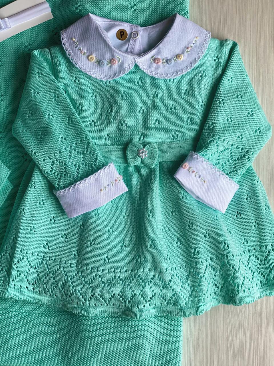 Saída Maternidade Tricot Vestido Princesa Verde Kit 5 Peças